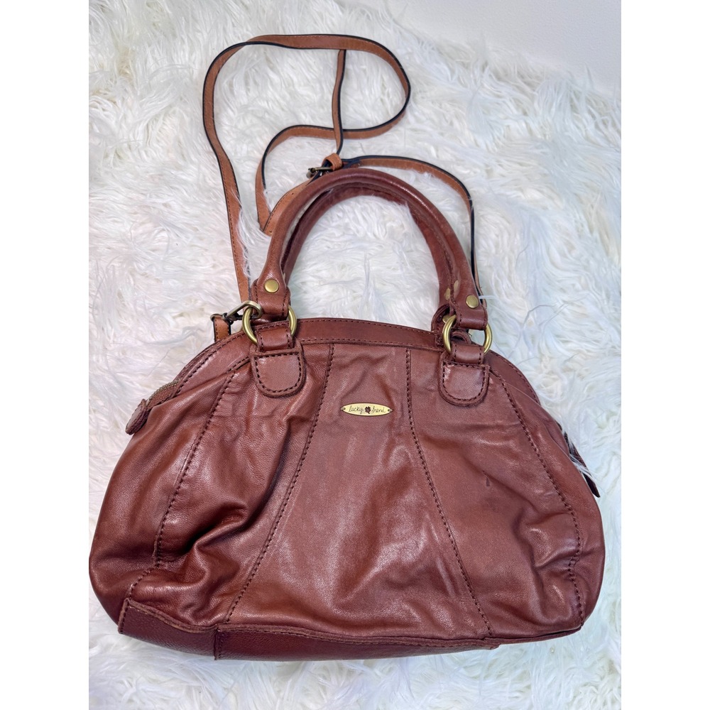 Y2K Lucky Brand Brown Leather Studded Satchel Crossbody Bag Antique Brass